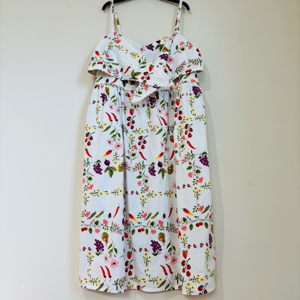 Old Navy White Green Fruits Floral Tie Front Smocked Sleeveless Midi Dress Sz 2X - Picture 3 of 16